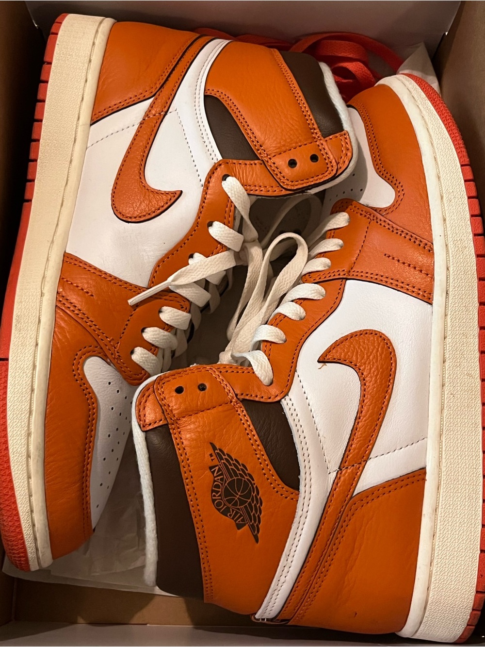 Nike Air Jordan 1 Retro High-Top Sneakers in Orange, White & Brown